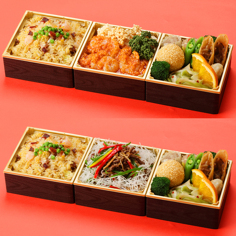 ※上は主菜A-小海老のチリソース、下は主菜C-牛肉とピーマンの細切り炒めのイメージです。