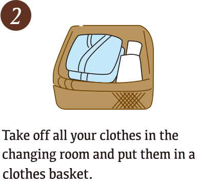 Take off all your clothes in the changing room and put them in an clothes basket.