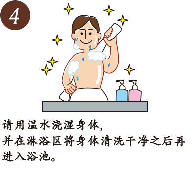 请用温水浇湿身体,并在淋浴区将身体清洗干净之后再进入浴池。