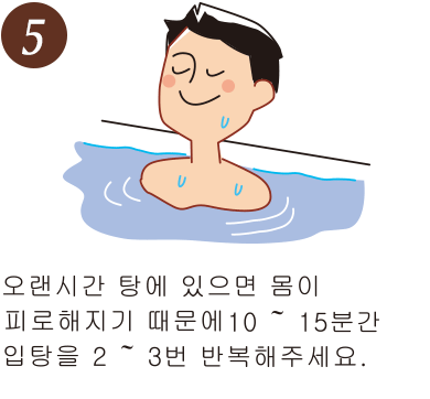 오랜 시간 탕에 있으면 몸이 피로 해지기 때문에 10 ~ 15 분간 이상을 2 ~ 3 번 반복 해주세요.