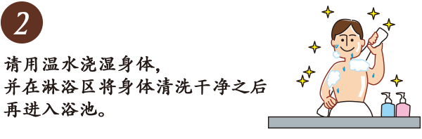 请用温水浇湿身体，并在淋浴区将身体清洗干净之后再进入浴池。